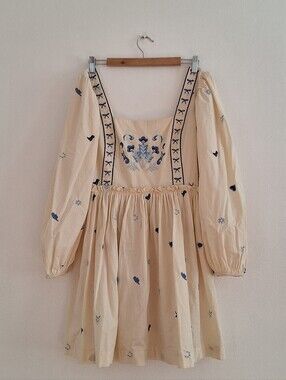 NWT Cotton Rye Cream Mini Dress with Blue Embroidered Floral Detail